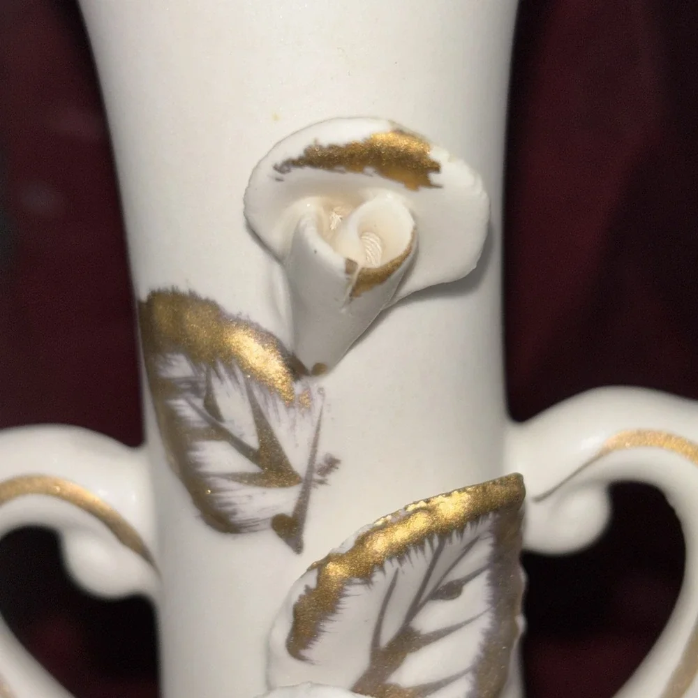 Vintage Wales White Bisque Bud Vase With Applied Roses Handles Brushed Gold EUC